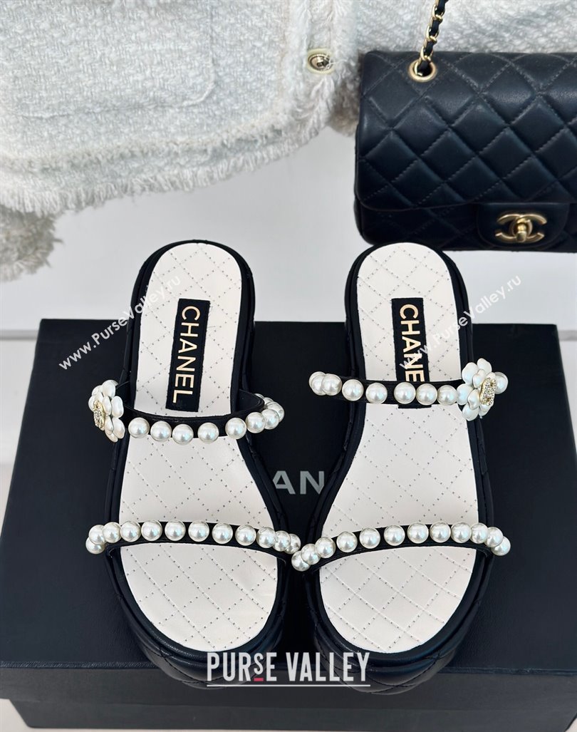 Chanel Quilted Lambskin and Pearls Wedge Platform Slide Sandals 7cm Black 2024 0223 (MD-240223098)