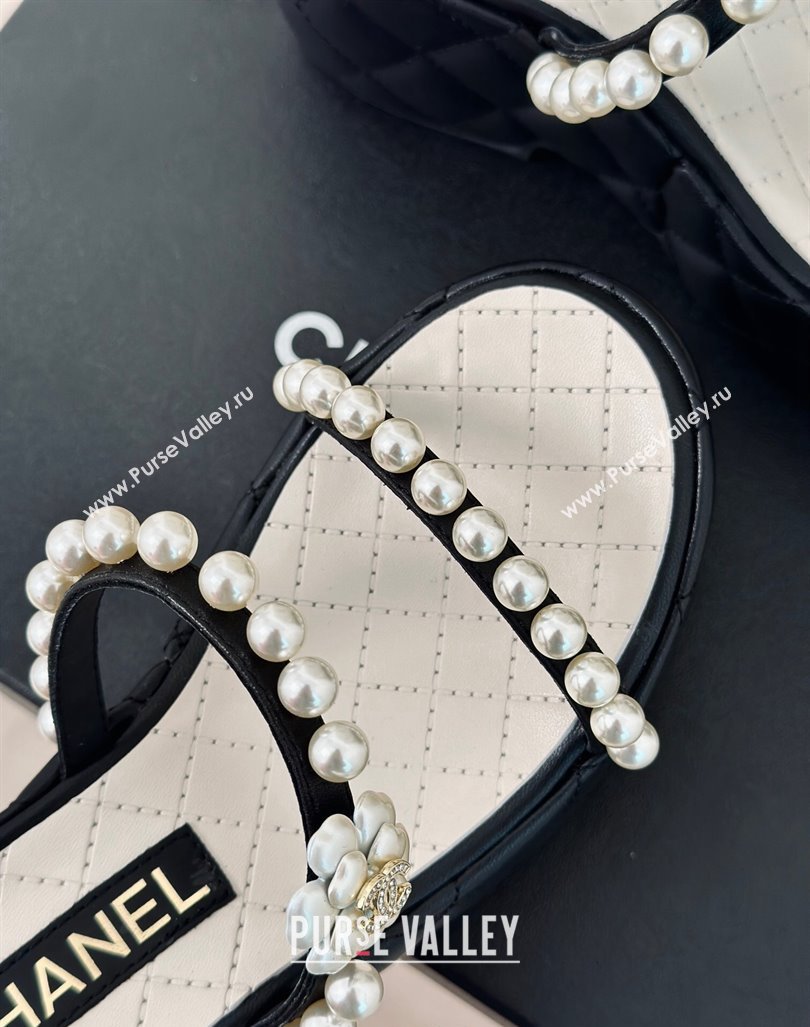 Chanel Quilted Lambskin and Pearls Wedge Platform Slide Sandals 7cm Black 2024 0223 (MD-240223098)