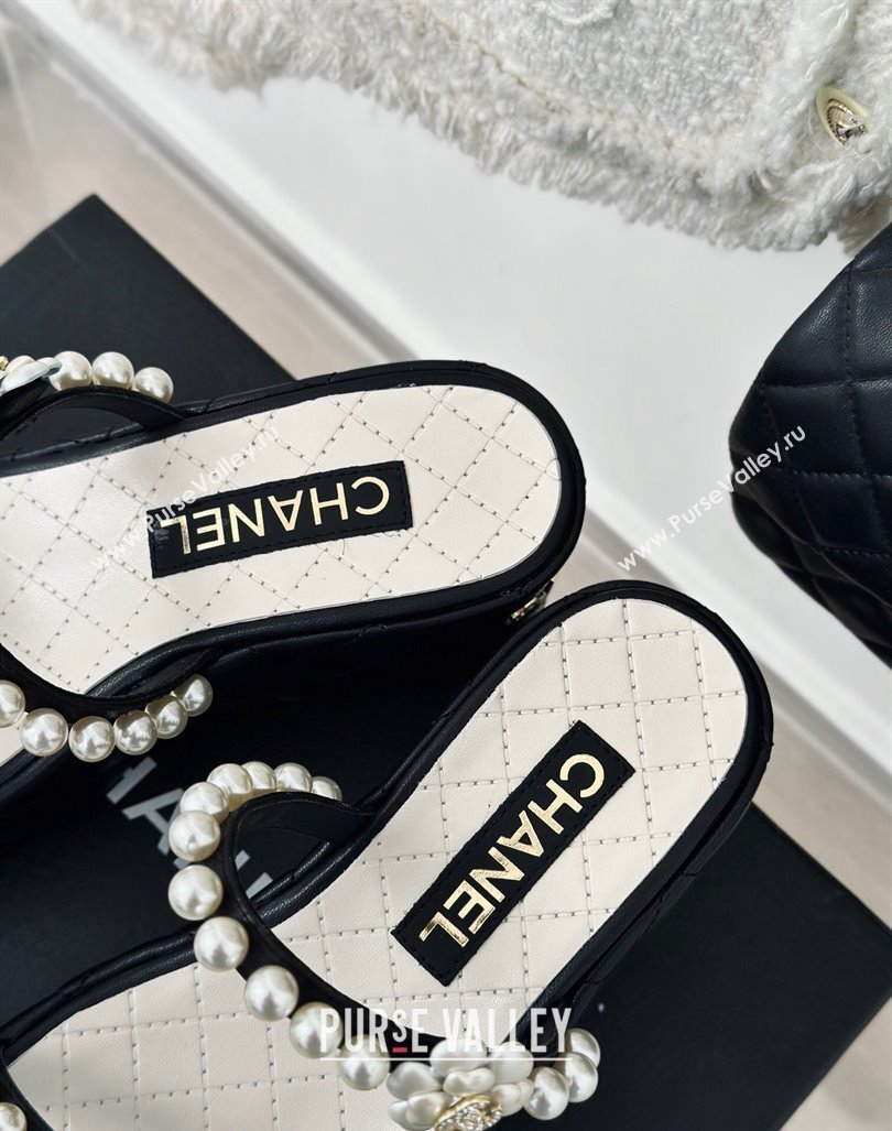 Chanel Quilted Lambskin and Pearls Wedge Platform Slide Sandals 7cm Black 2024 0223 (MD-240223098)