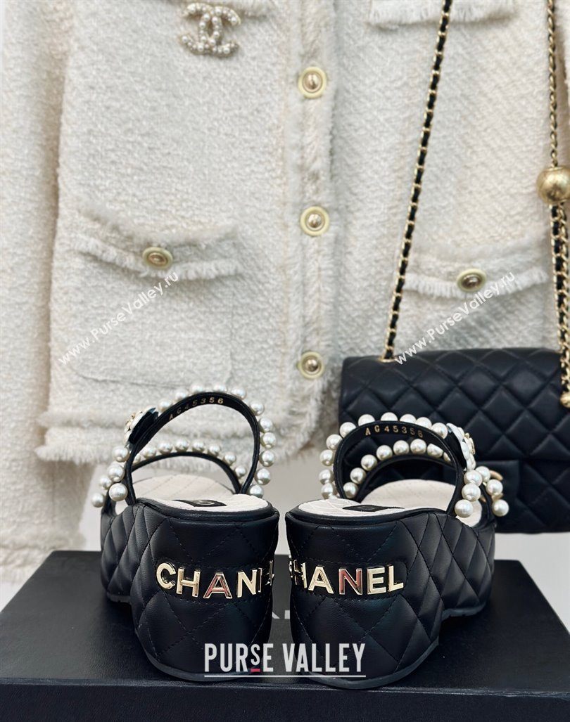 Chanel Quilted Lambskin and Pearls Wedge Platform Slide Sandals 7cm Black 2024 0223 (MD-240223098)