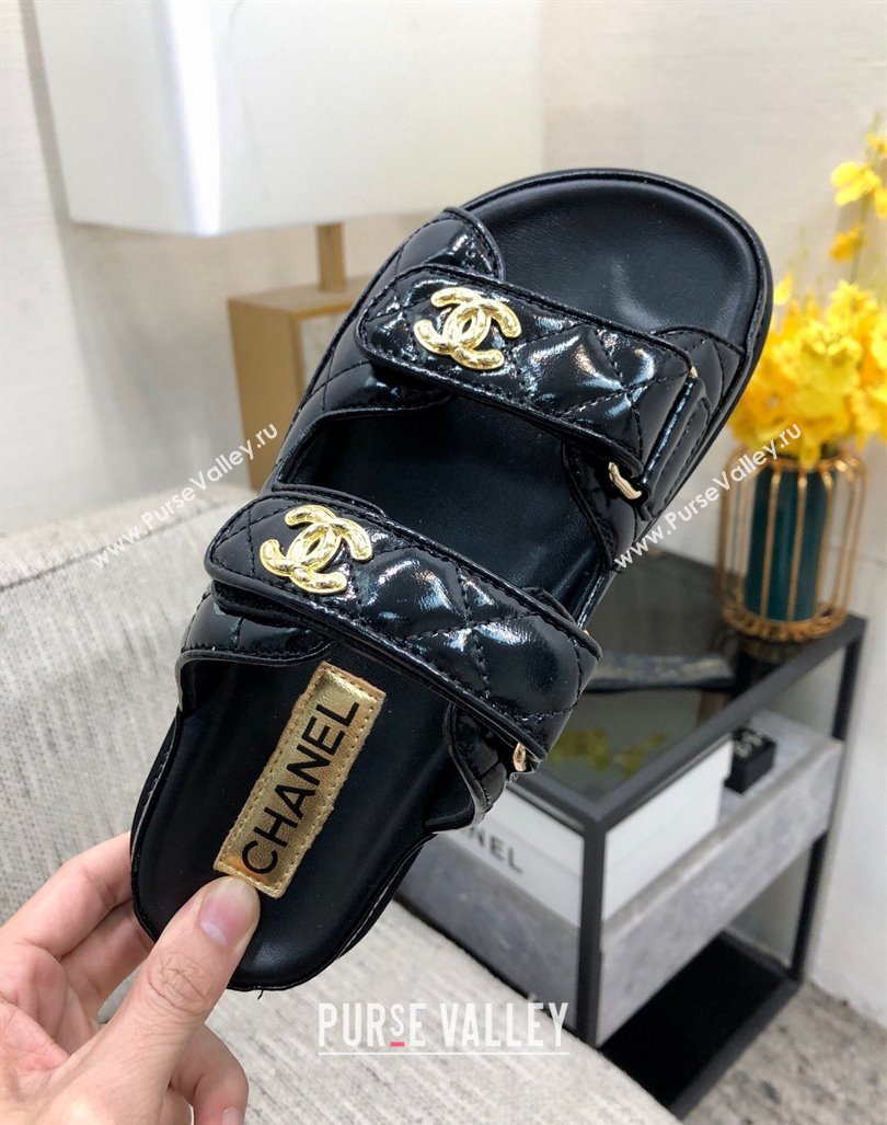 Chanel Oil Calfskin Flat Strap Slide Sandals with Metal CC Black 2024 0224 (MD-240224064)