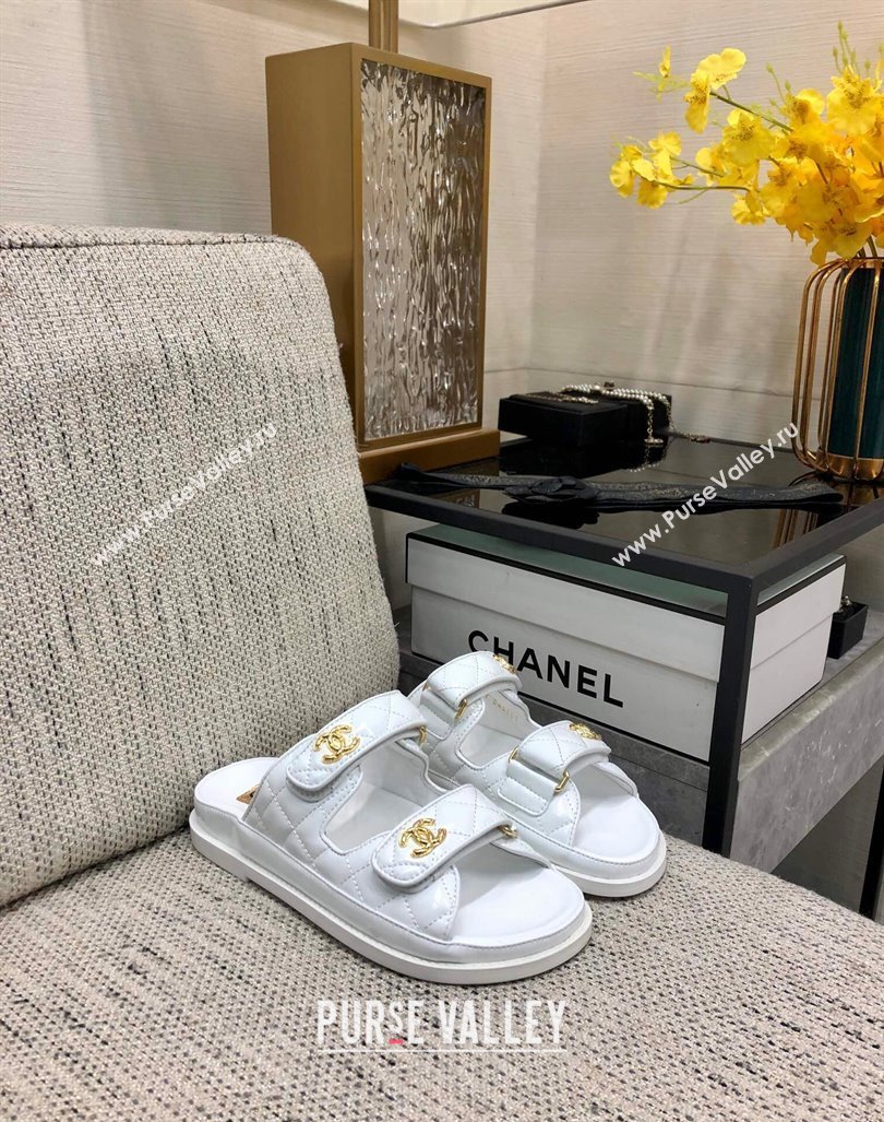 Chanel Oil Calfskin Flat Strap Slide Sandals with Metal CC White 2024 0224 (MD-240224065)