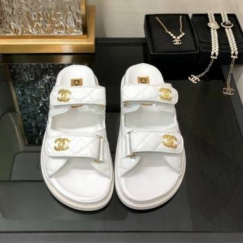 Chanel Oil Calfskin Flat Strap Slide Sandals with Metal CC White 2024 0224 (MD-240224065)