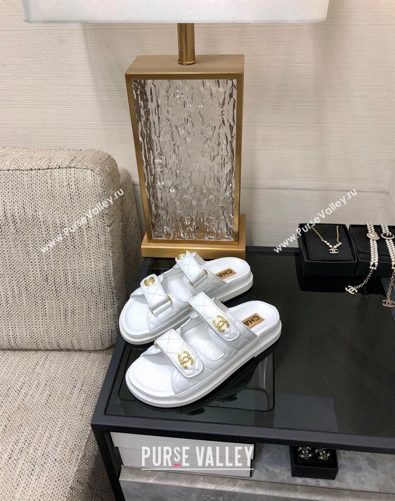 Chanel Oil Calfskin Flat Strap Slide Sandals with Metal CC White 2024 0224 (MD-240224065)