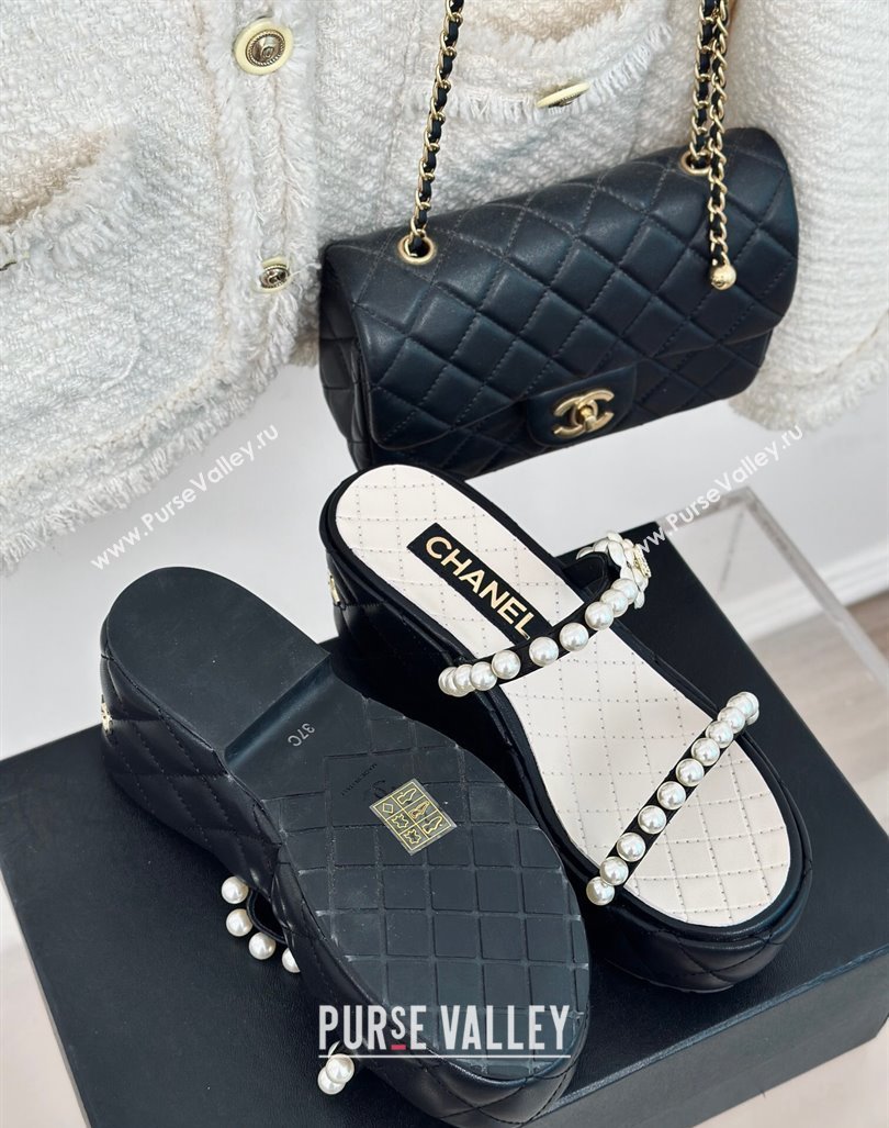 Chanel Quilted Lambskin and Pearls Wedge Platform Slide Sandals 7cm Black 2024 0223 (MD-240223098)