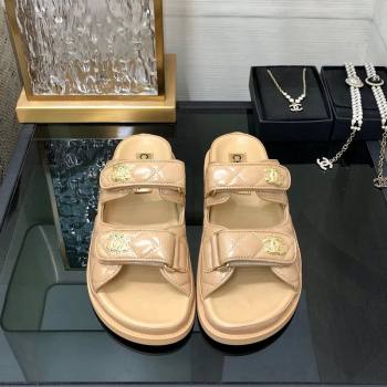 Chanel Oil Calfskin Flat Strap Slide Sandals with Metal CC Beige 2024 0224 (MD-240224066)