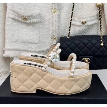 Chanel Quilted Lambskin and Pearls Wedge Platform Slide Sandals 7cm Beige 2024 0223 (MD-240223099)