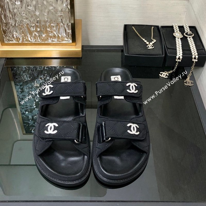 Chanel Quilted Fabric Flat Strap Slide Sandals with Crystals CC Black 2024 0224 (MD-240224067)