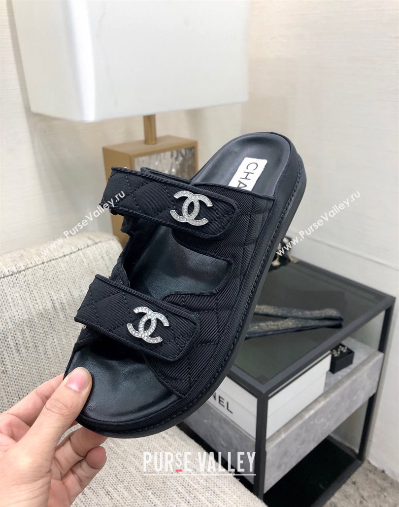 Chanel Quilted Fabric Flat Strap Slide Sandals with Crystals CC Black 2024 0224 (MD-240224067)