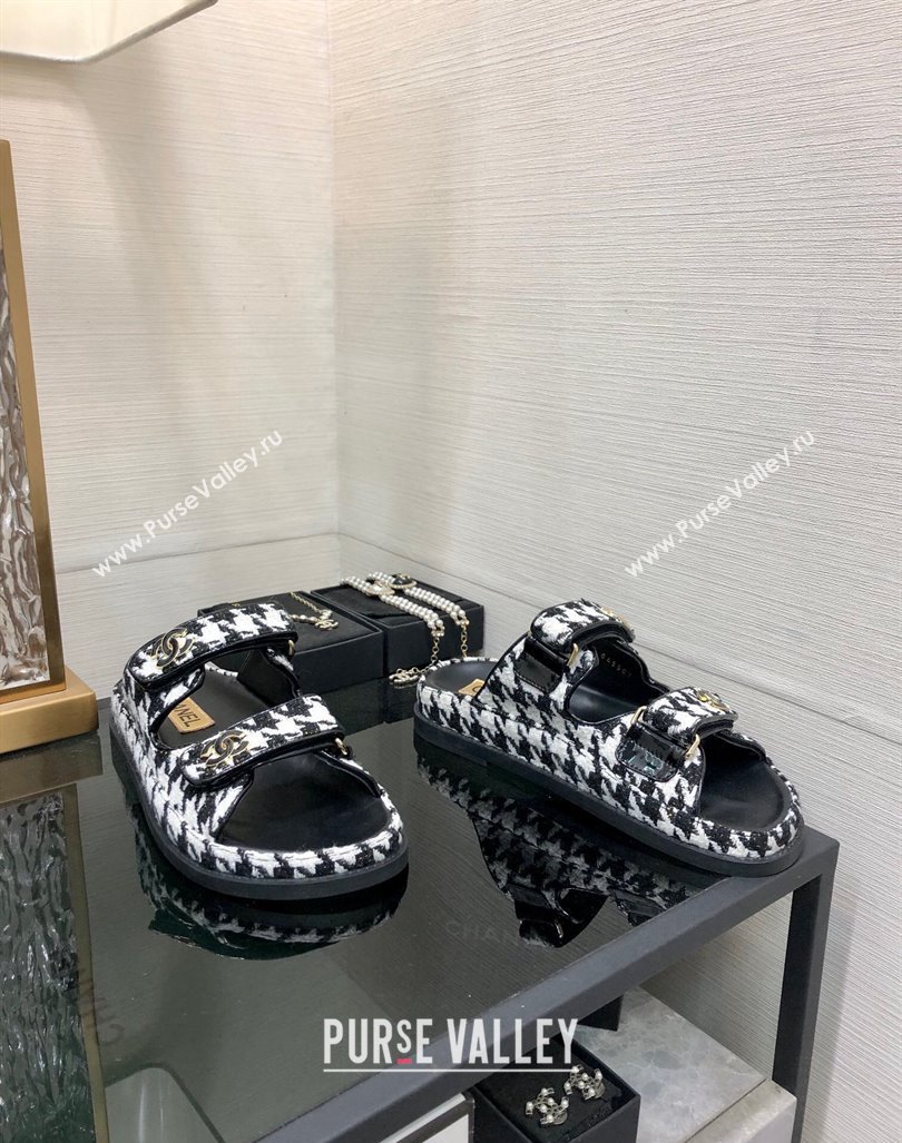 Chanel Houndstooth Fabric Flat Strap Slide Sandals with One-Tone CC Black 2024 0224 (MD-240224070)