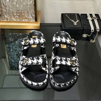 Chanel Houndstooth Fabric Flat Strap Slide Sandals with One-Tone CC Black 2024 0224 (MD-240224070)