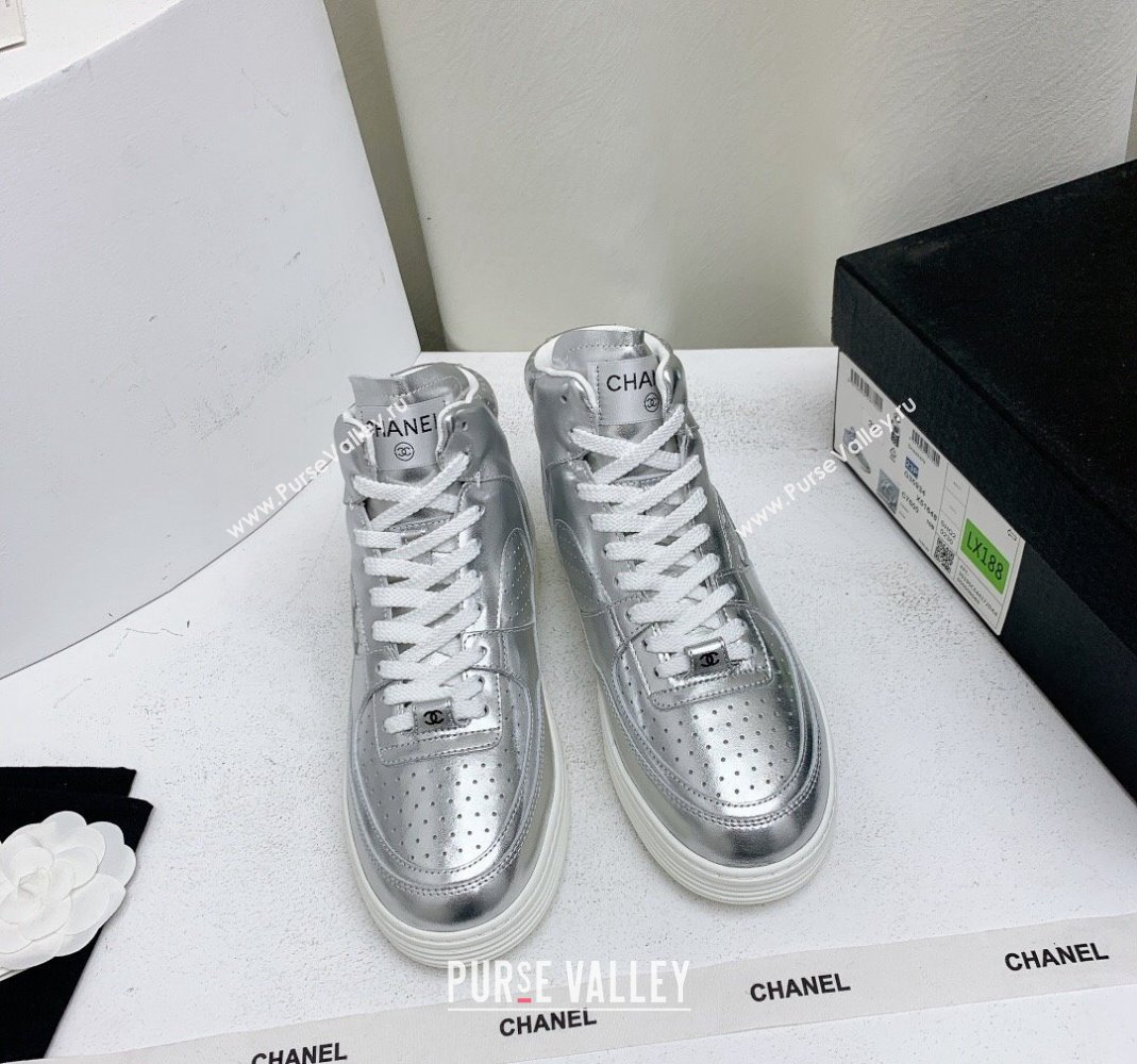 Chanel Metallic Calfskin High-Top Sneakers G45353 Silver 2024 (KL-240224072)