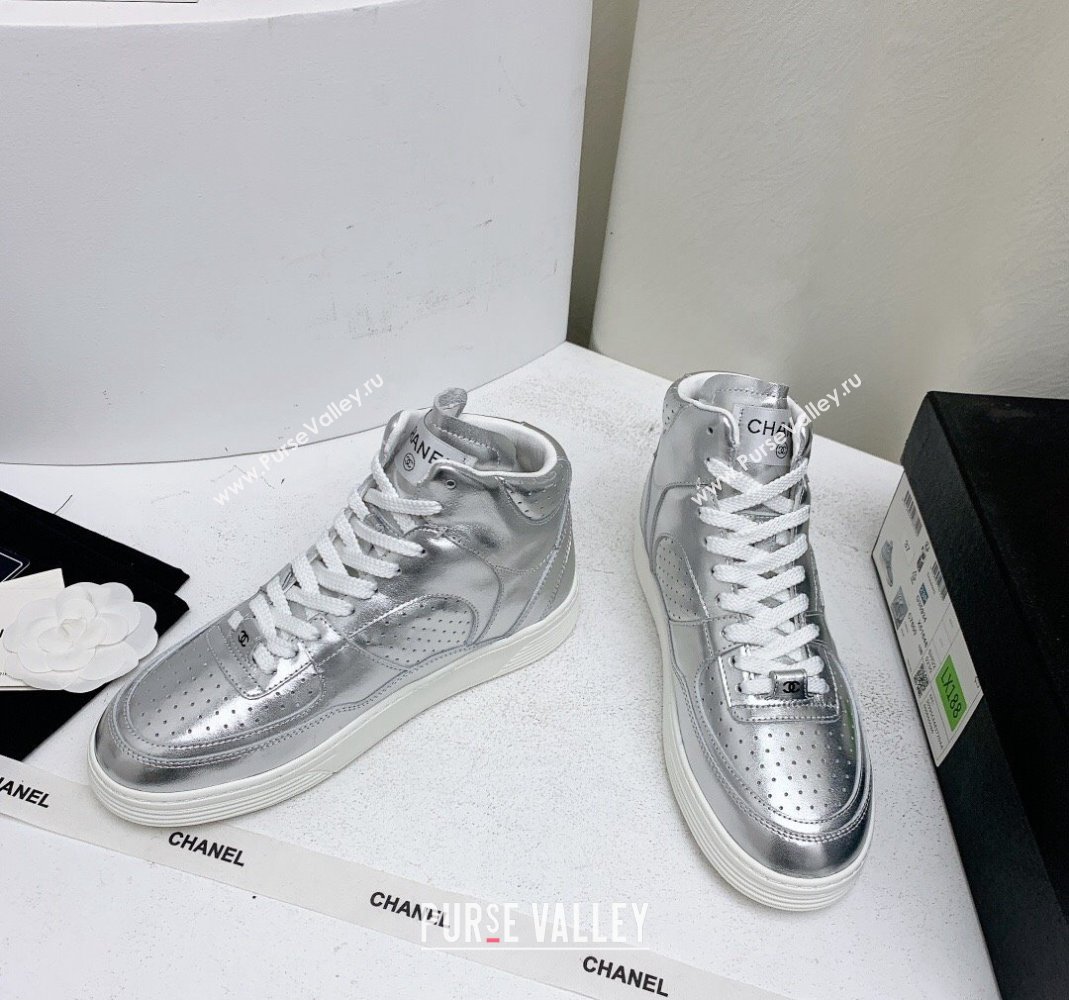 Chanel Metallic Calfskin High-Top Sneakers G45353 Silver 2024 (KL-240224072)