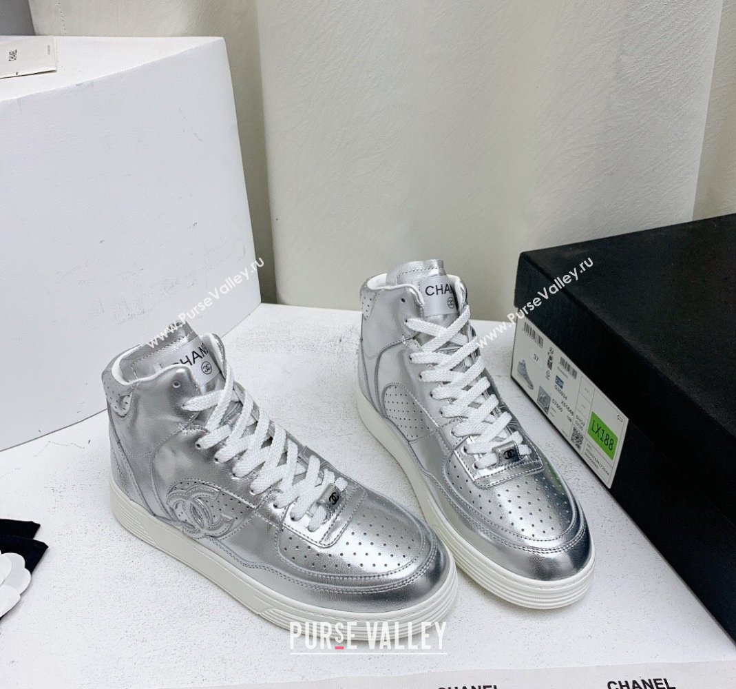 Chanel Metallic Calfskin High-Top Sneakers G45353 Silver 2024 (KL-240224072)