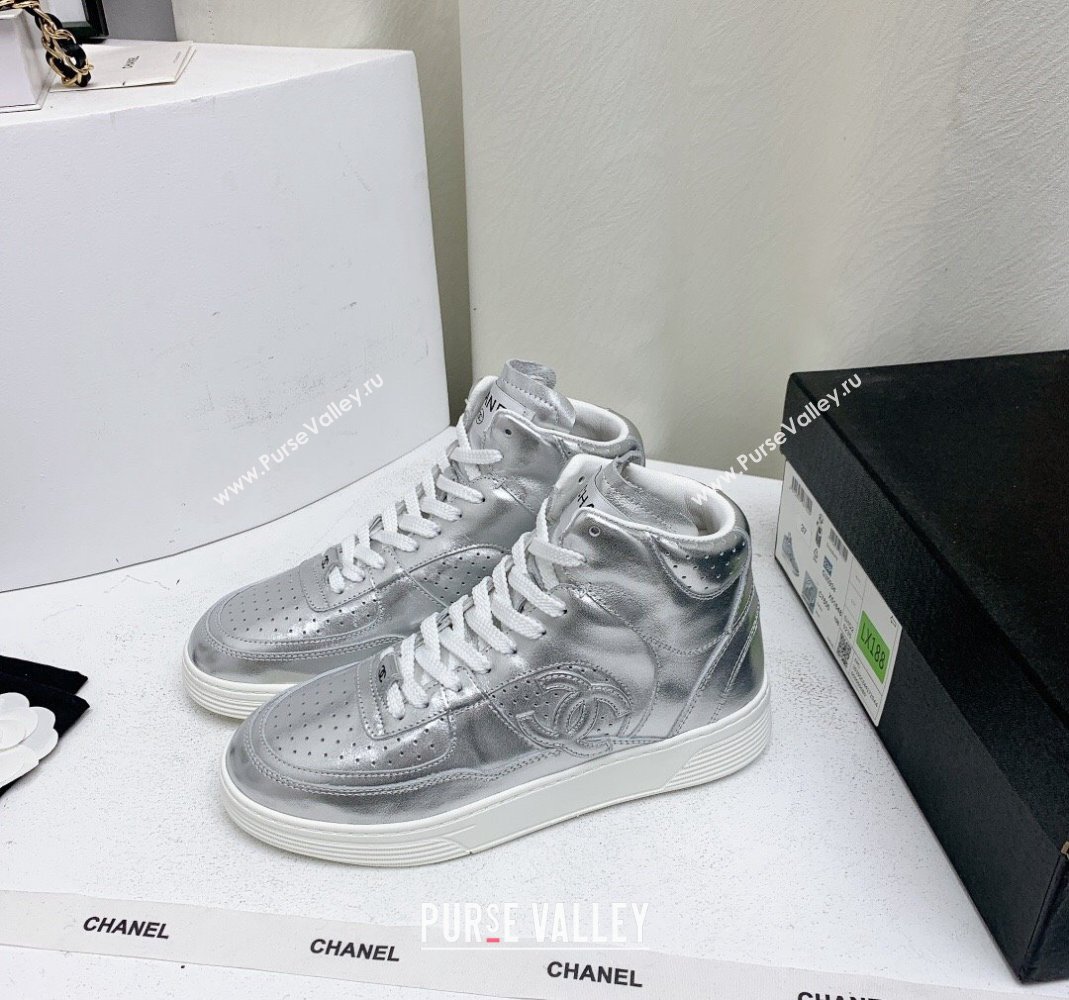 Chanel Metallic Calfskin High-Top Sneakers G45353 Silver 2024 (KL-240224072)