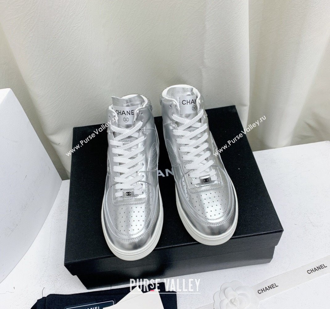 Chanel Metallic Calfskin High-Top Sneakers G45353 Silver 2024 (KL-240224072)