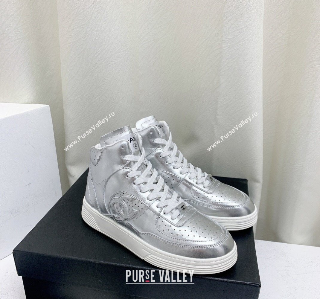 Chanel Metallic Calfskin High-Top Sneakers G45353 Silver 2024 (KL-240224072)