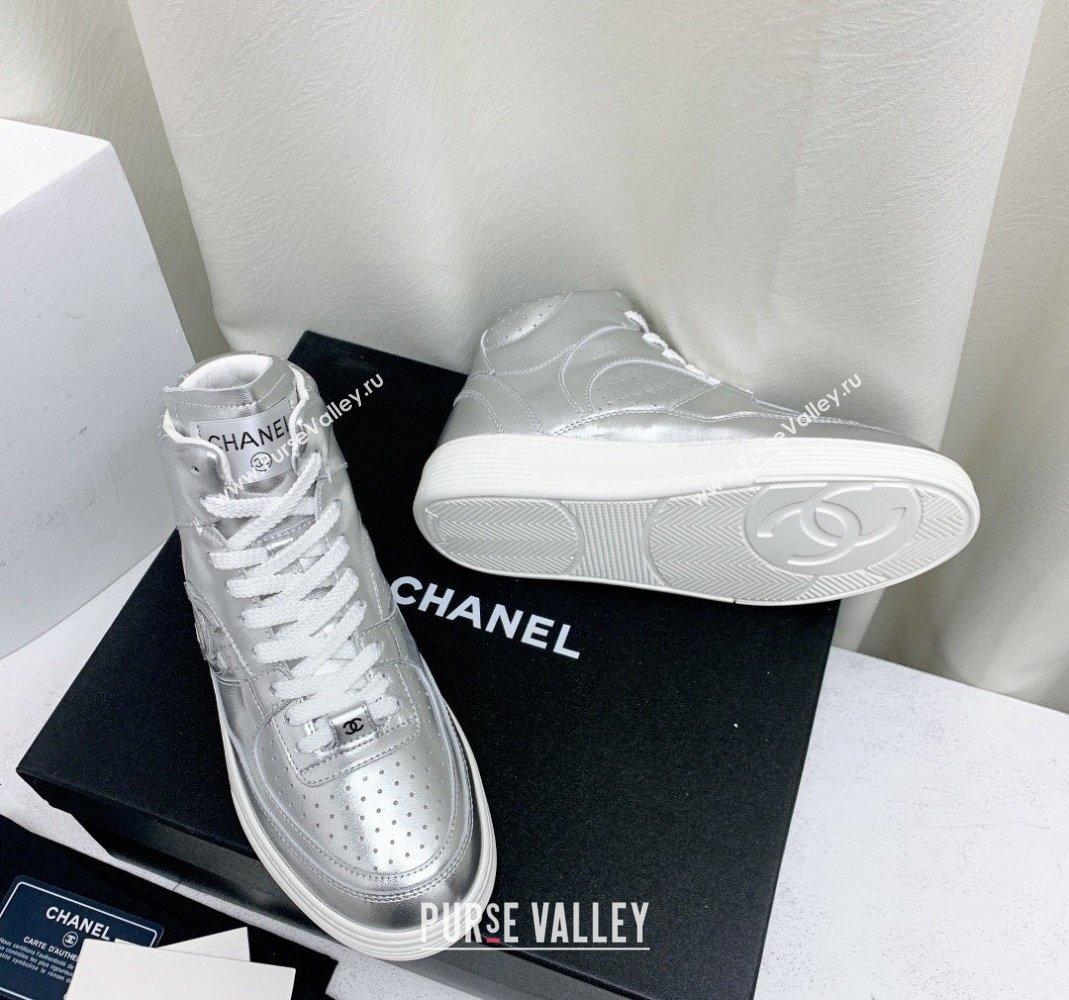 Chanel Metallic Calfskin High-Top Sneakers G45353 Silver 2024 (KL-240224072)