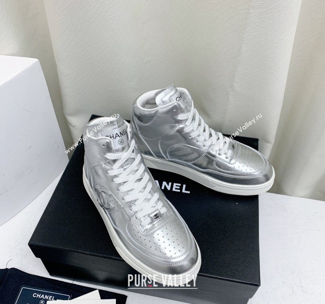 Chanel Metallic Calfskin High-Top Sneakers G45353 Silver 2024 (KL-240224072)