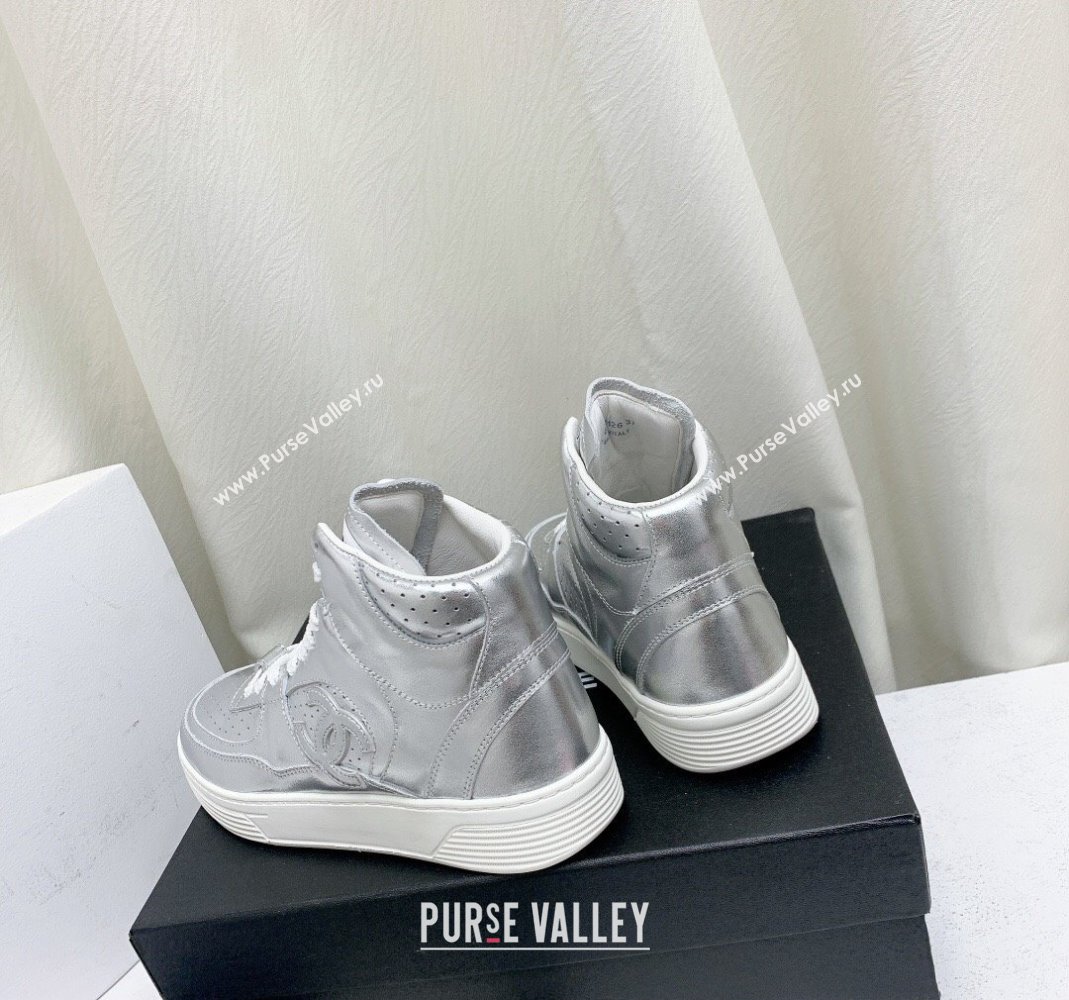 Chanel Metallic Calfskin High-Top Sneakers G45353 Silver 2024 (KL-240224072)