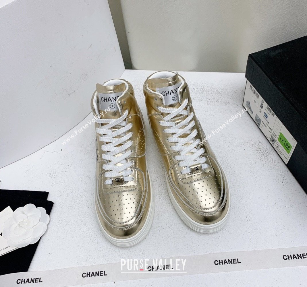 Chanel Metallic Calfskin High-Top Sneakers G45353 Gold 2024 (KL-240224073)