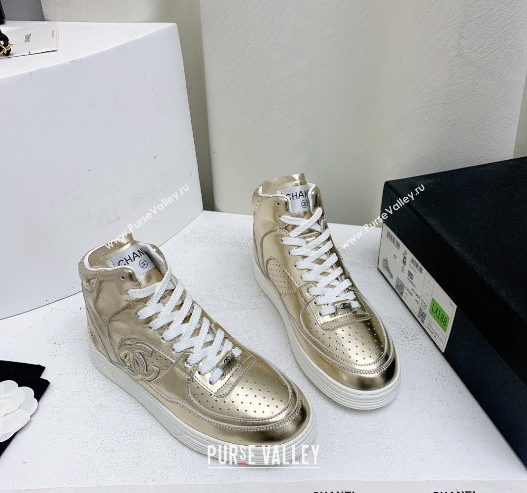 Chanel Metallic Calfskin High-Top Sneakers G45353 Gold 2024 (KL-240224073)