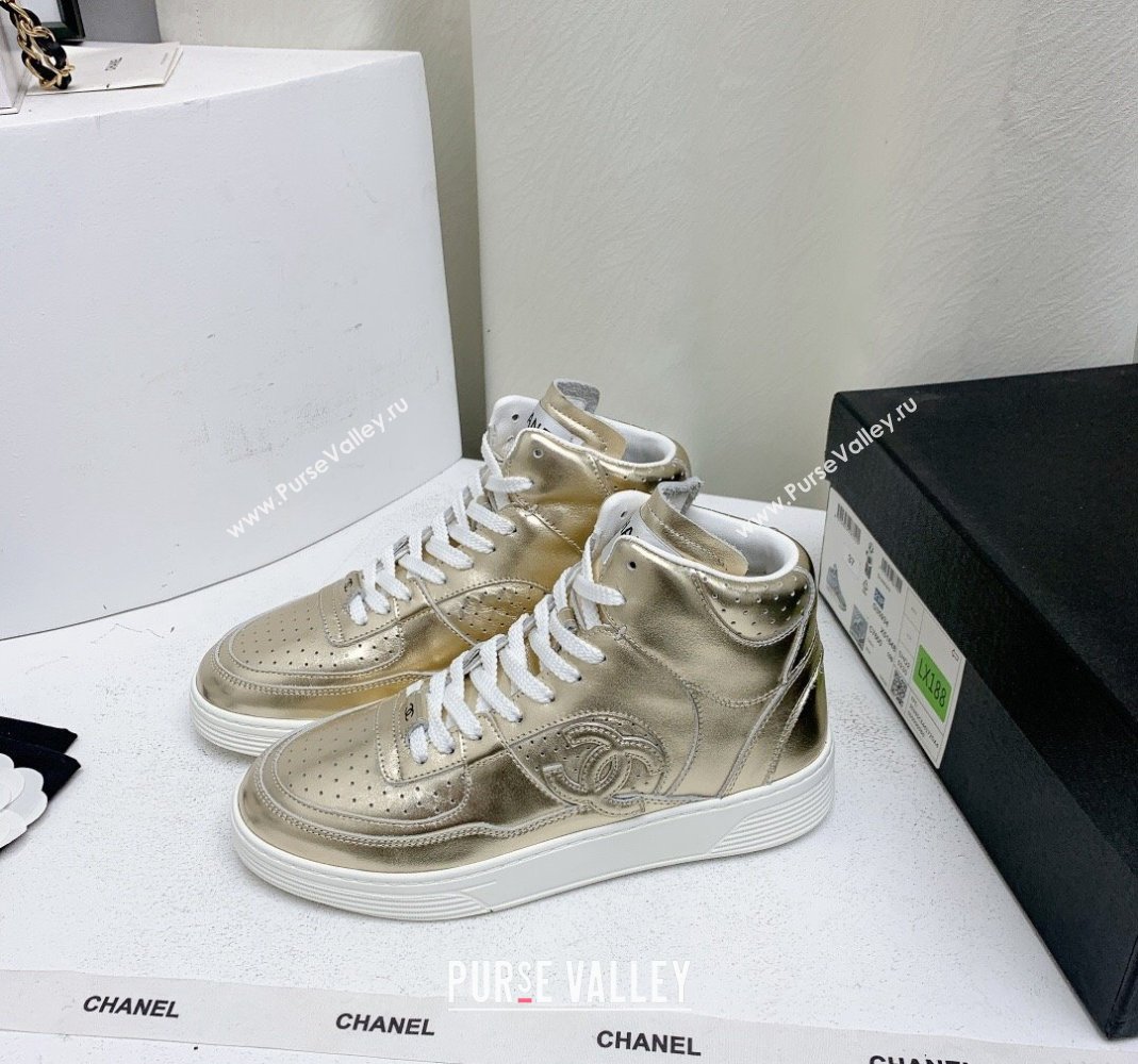 Chanel Metallic Calfskin High-Top Sneakers G45353 Gold 2024 (KL-240224073)