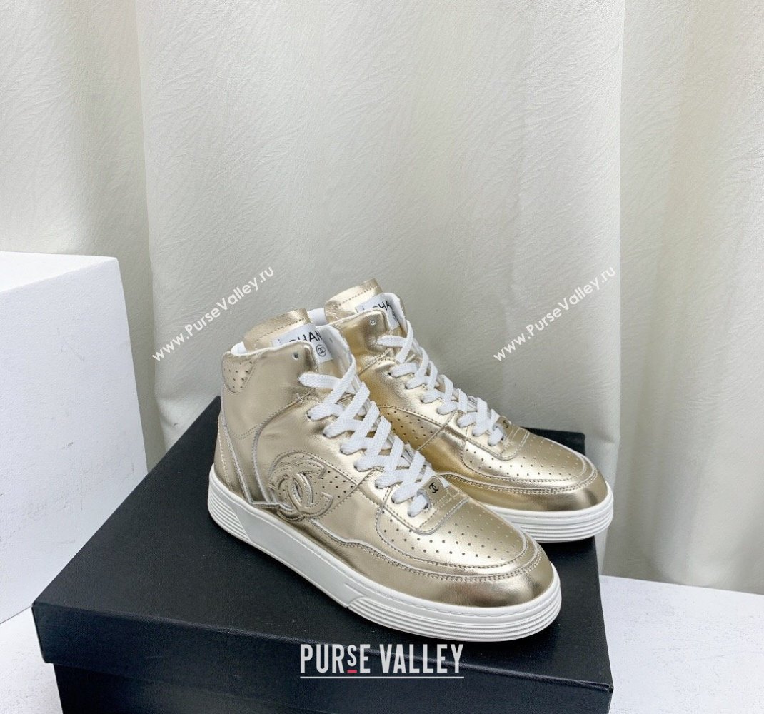 Chanel Metallic Calfskin High-Top Sneakers G45353 Gold 2024 (KL-240224073)