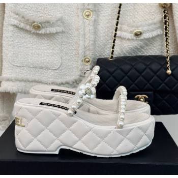 Chanel Quilted Lambskin and Pearls Wedge Platform Slide Sandals 7cm White 2024 0223 (MD-240223100)