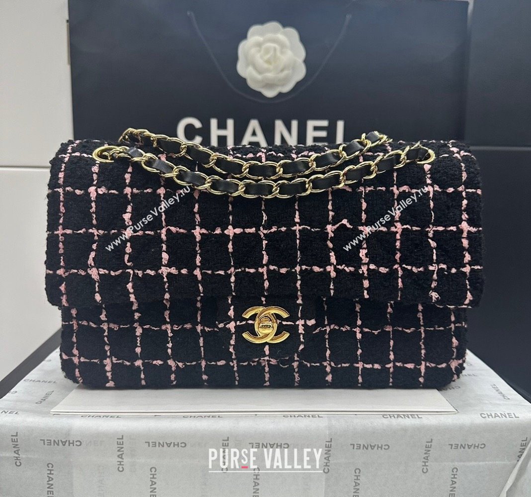 Chanel Classic Tweed Medium Flap Bag A01112 Black/Pink 2024 0311 (yezi-240311018)