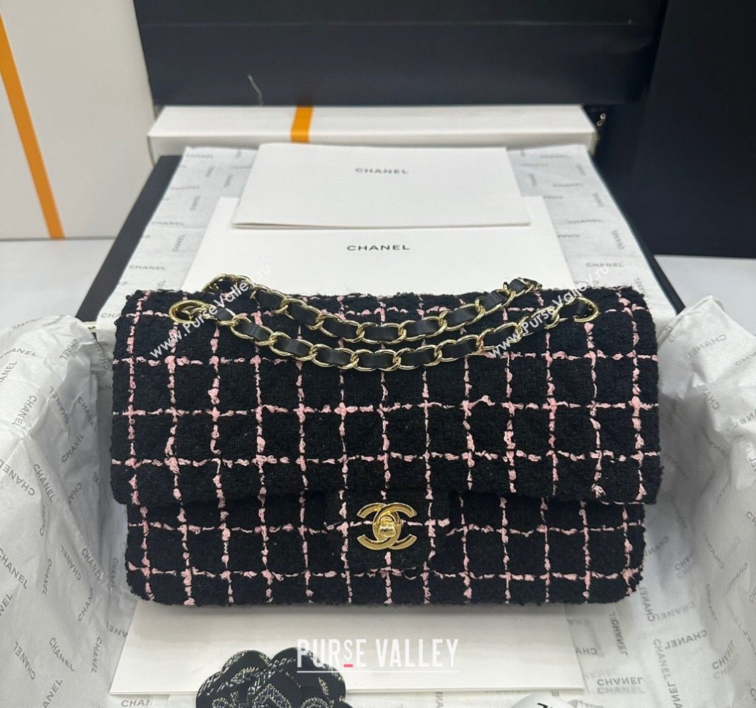 Chanel Classic Tweed Medium Flap Bag A01112 Black/Pink 2024 0311 (yezi-240311018)