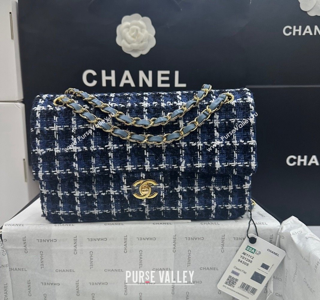 Chanel Classic Tweed Medium Flap Bag A01112 Navy Blue/White 2024 0311 (yezi-240311019)