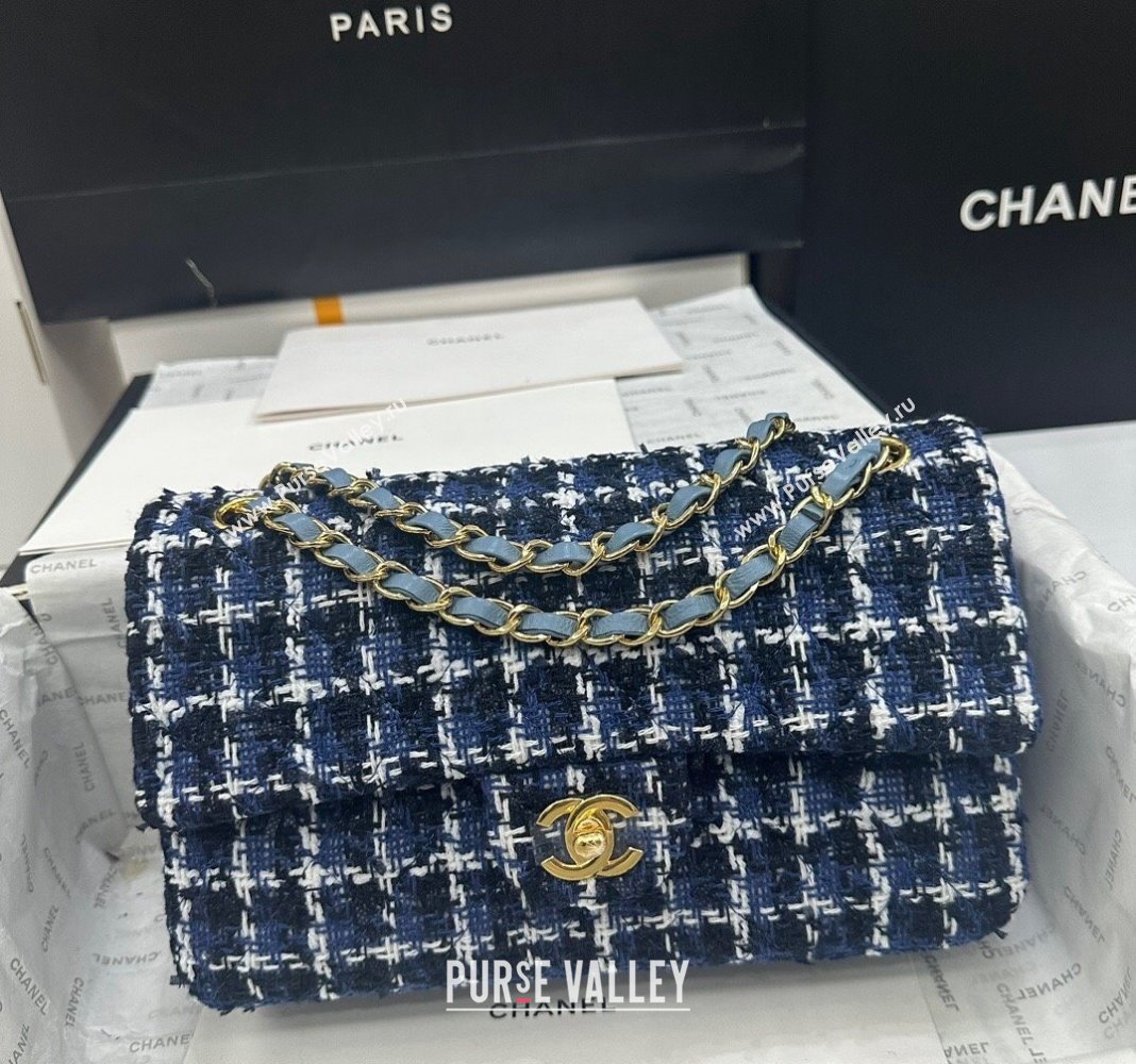 Chanel Classic Tweed Medium Flap Bag A01112 Navy Blue/White 2024 0311 (yezi-240311019)