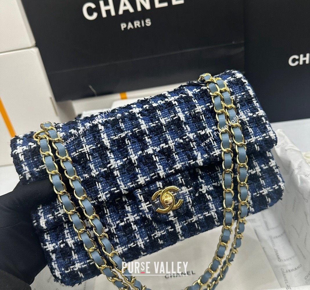 Chanel Classic Tweed Medium Flap Bag A01112 Navy Blue/White 2024 0311 (yezi-240311019)