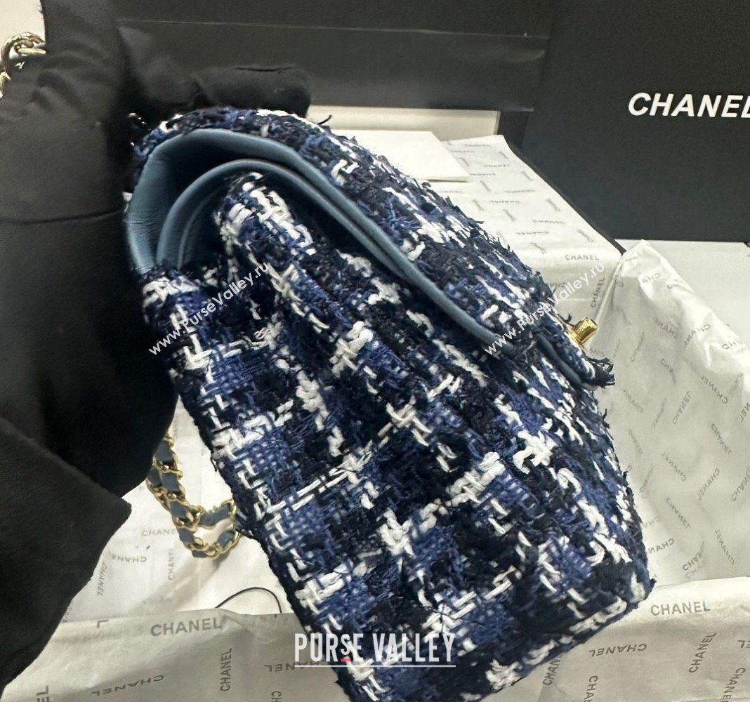 Chanel Classic Tweed Medium Flap Bag A01112 Navy Blue/White 2024 0311 (yezi-240311019)