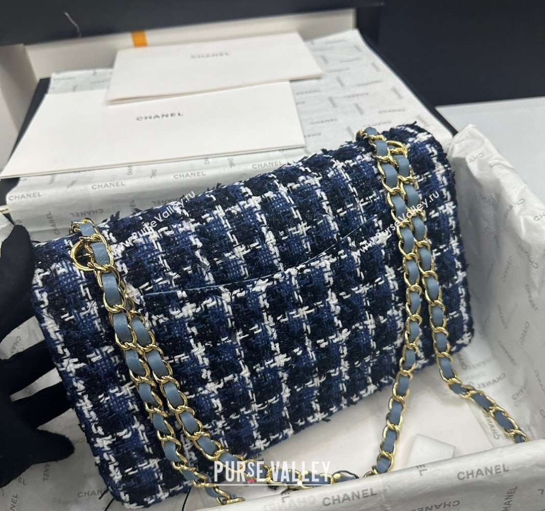 Chanel Classic Tweed Medium Flap Bag A01112 Navy Blue/White 2024 0311 (yezi-240311019)