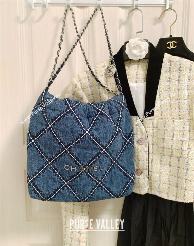 Chanel Stitched Denim 22 Small Shopping Bag AS3260 Blue 2024 (yezi-240311021)