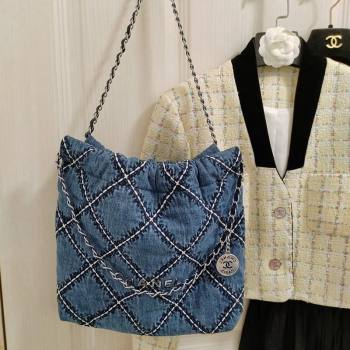Chanel Stitched Denim 22 Small Shopping Bag AS3260 Blue 2024 (yezi-240311021)