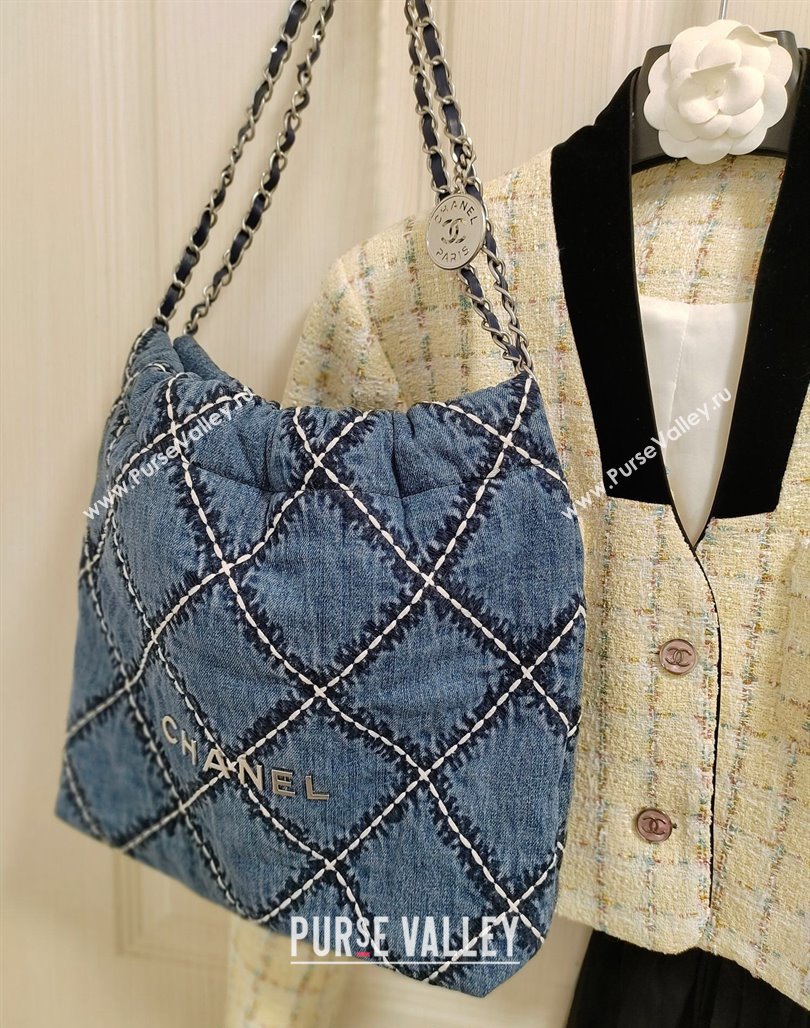 Chanel Stitched Denim 22 Small Shopping Bag AS3260 Blue 2024 (yezi-240311021)
