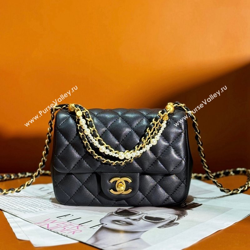 Chanel Shiny Lambskin Mini Flap Bag with Chain and Pearls AS4385 Black 2024 (yezi-240311022)
