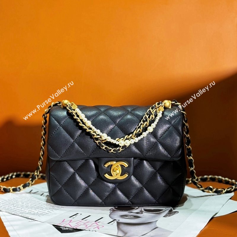 Chanel Shiny Lambskin Small Flap Bag with Chain and Pearls AS4384 Black 2024 (yezi-240311024)