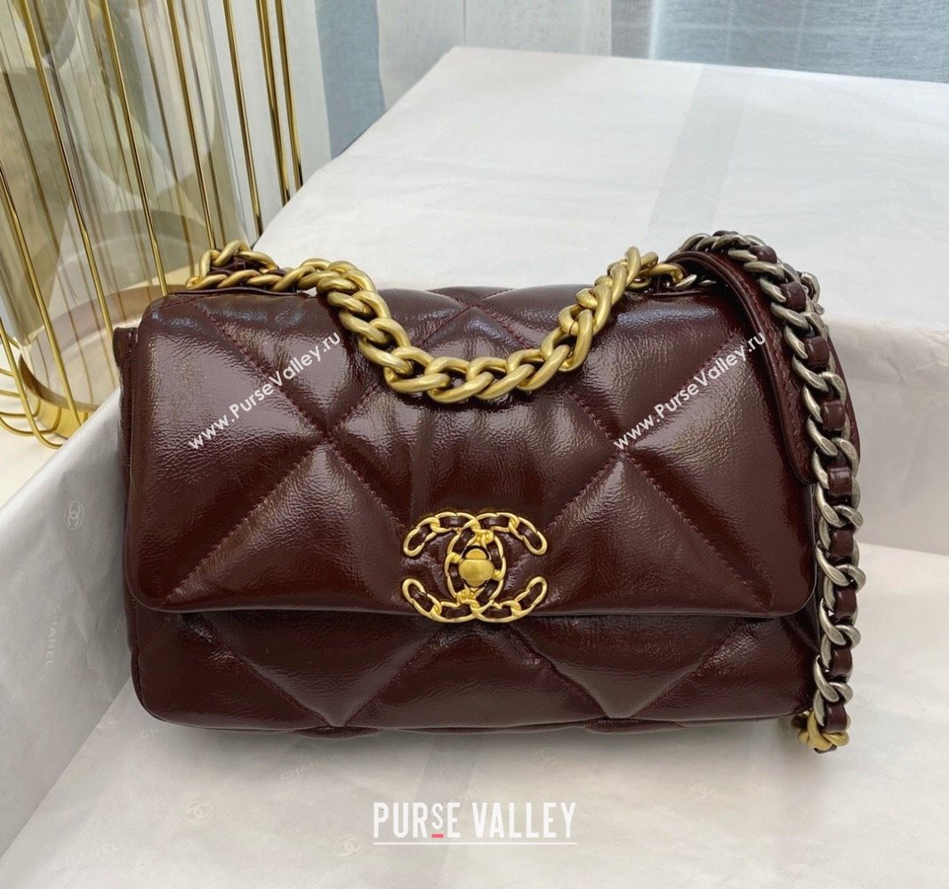 Chanel 19 Shiny Crinkle Calfskin Small Flap Bag AS1160 Burgundy 2024 (sm-240311043)