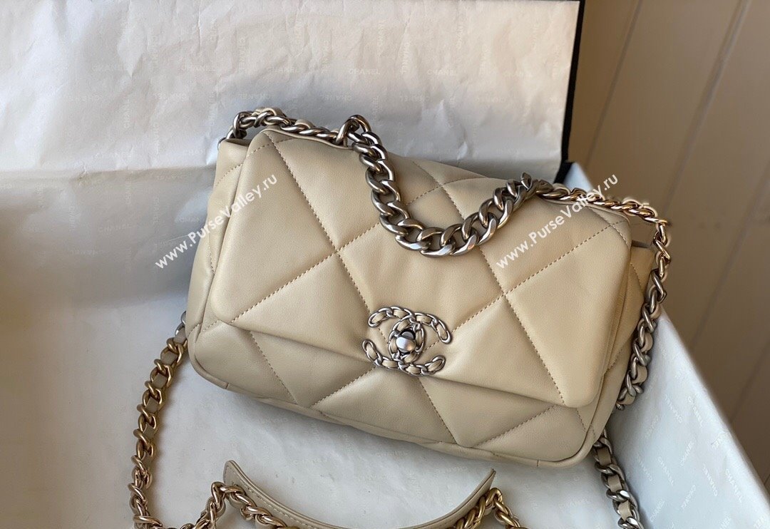 Chanel 19 Shiny Lambskin Small Flap Bag AS1160 Beige/Silver 2024 (sm-240311051)