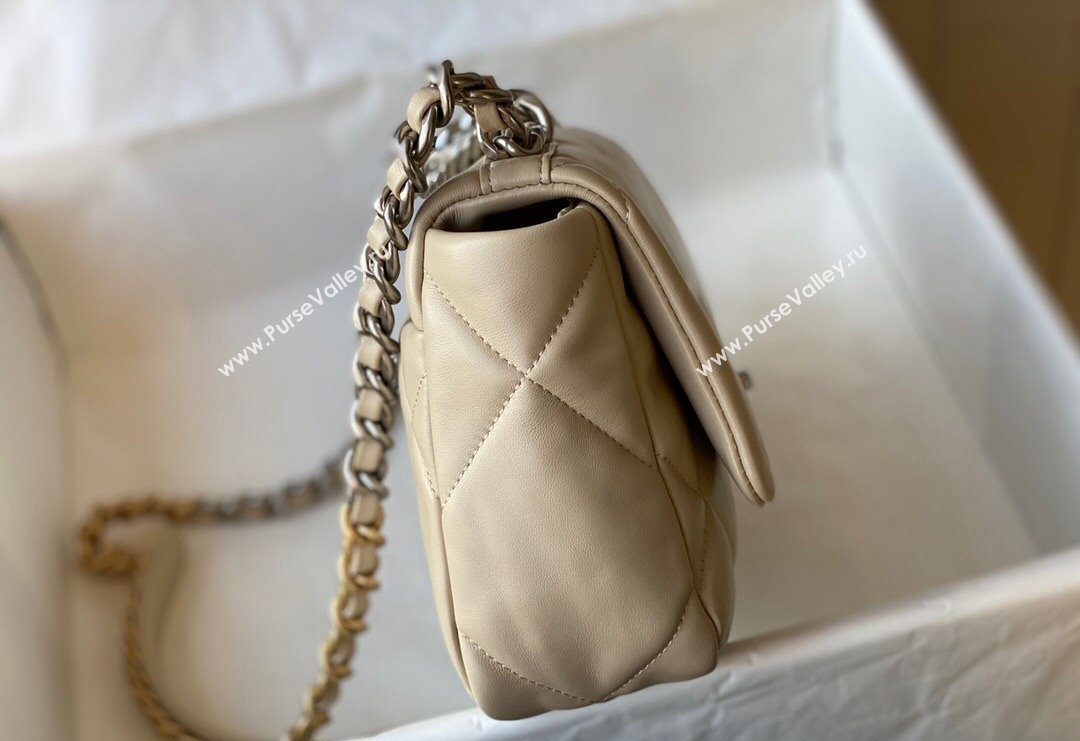 Chanel 19 Shiny Lambskin Small Flap Bag AS1160 Beige/Silver 2024 (sm-240311051)