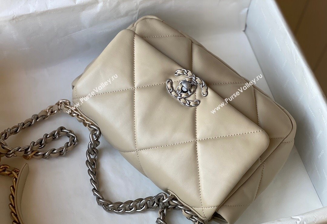 Chanel 19 Shiny Lambskin Small Flap Bag AS1160 Beige/Silver 2024 (sm-240311051)