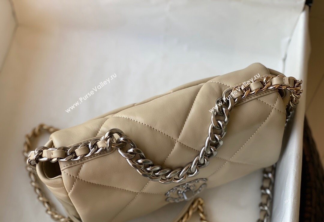 Chanel 19 Shiny Lambskin Small Flap Bag AS1160 Beige/Silver 2024 (sm-240311051)