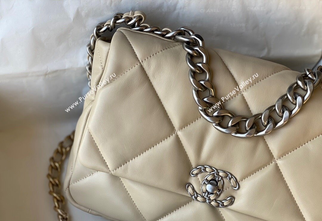 Chanel 19 Shiny Lambskin Large Flap Bag AS1161 Beige/Silver 2024 (sm-240311044)