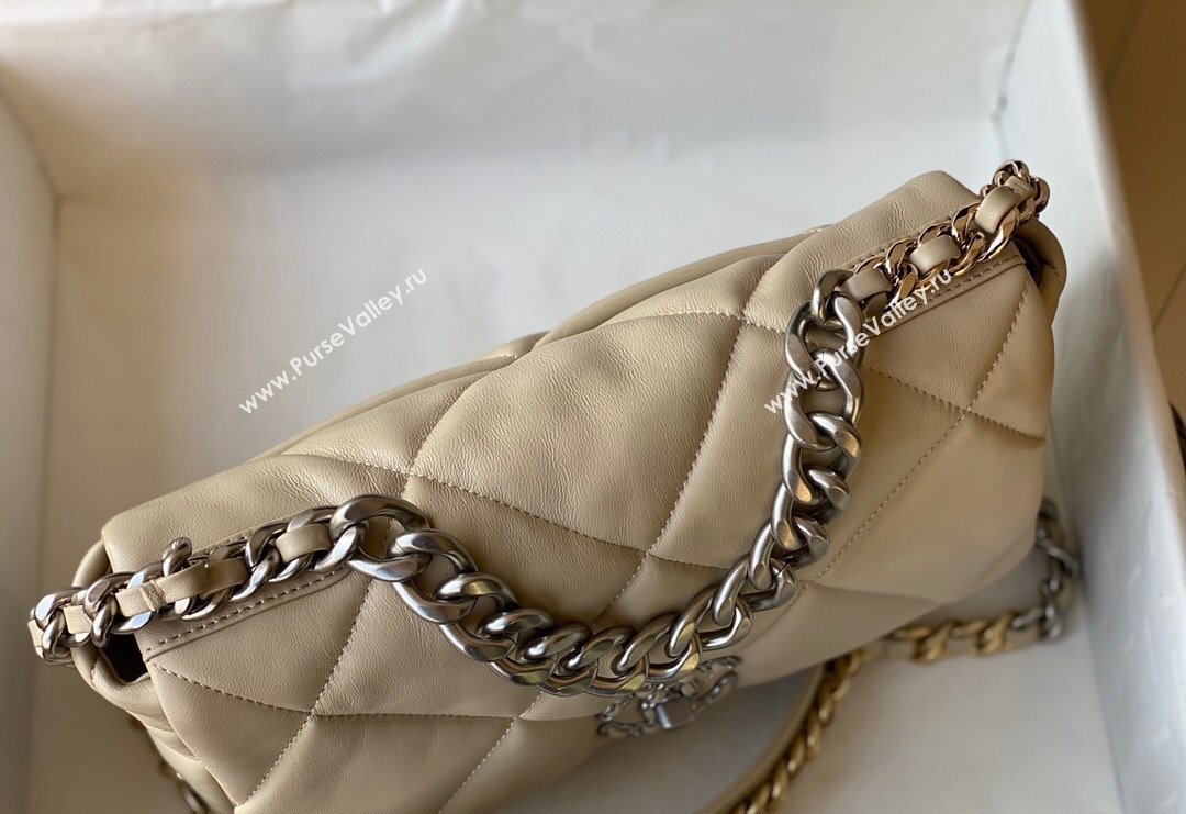 Chanel 19 Shiny Lambskin Large Flap Bag AS1161 Beige/Silver 2024 (sm-240311044)