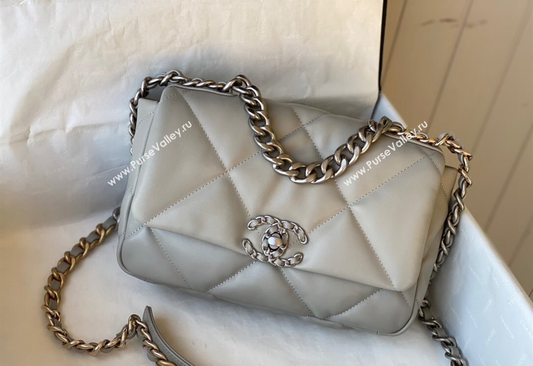 Chanel 19 Shiny Lambskin Small Flap Bag AS1160 Light Grey 2024 (sm-240311052)