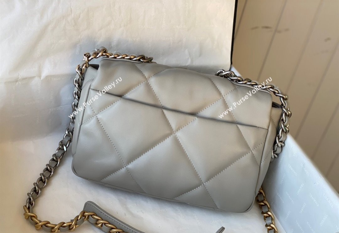 Chanel 19 Shiny Lambskin Small Flap Bag AS1160 Light Grey 2024 (sm-240311052)